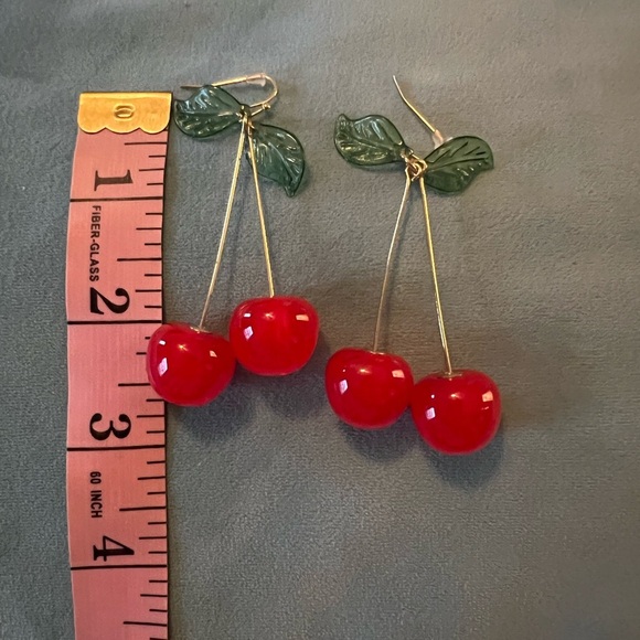 Cherry Red Earrings with Green Leaves - super fun earrings - pierced - Picture 2 of 2